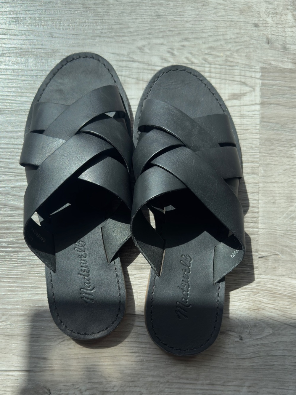 Madewell Black Leather Woven Slide Sandals